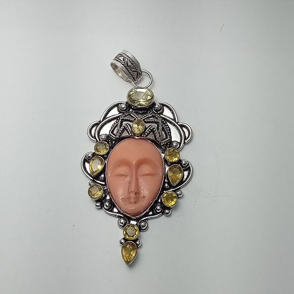 Sterling Silver Bali Goddess Pendant with Pink Carved Face and Citrine Gems - Picture 9 of 9